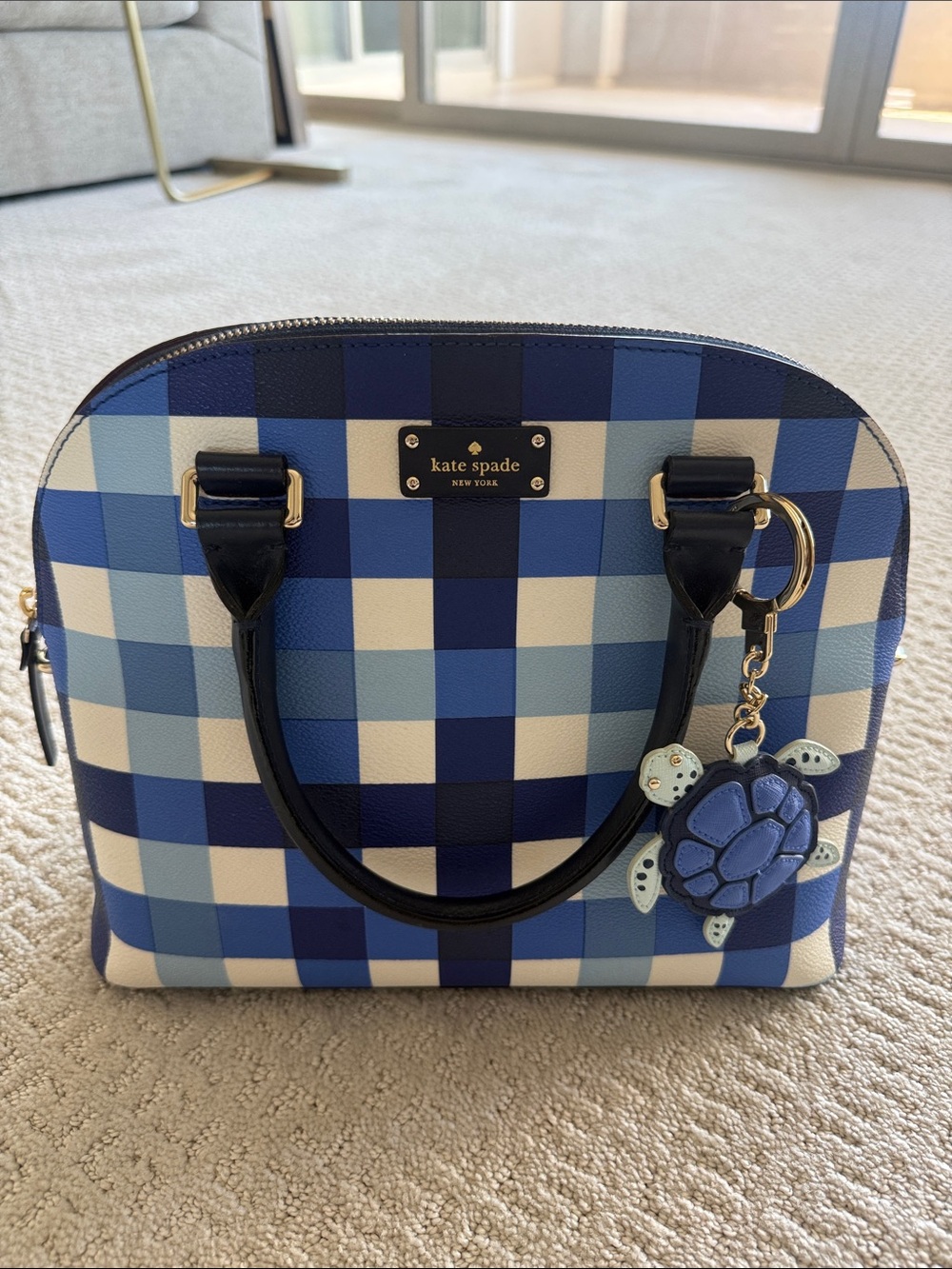 kate spade blue gingham dome satchel with turtle charm